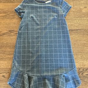 LOFT dress. Gray with pink squares. Flounce at the bottom. Worn once.